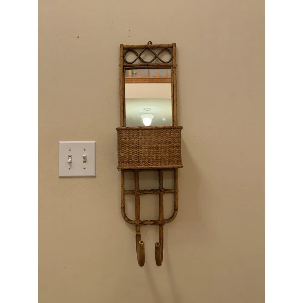 Vintage Rattan Bamboo Bathroom Vanity Mirror Wall Organizer Towel Holder